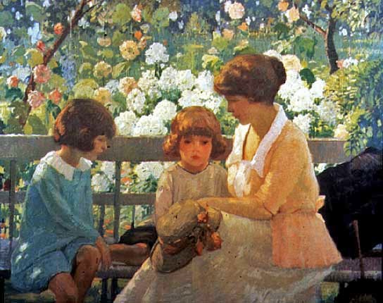 A slightly later painting, The Garden Bench, painted in 1920 by American Rae Sloan Bredin, shows a similar jacket in a summer setting.